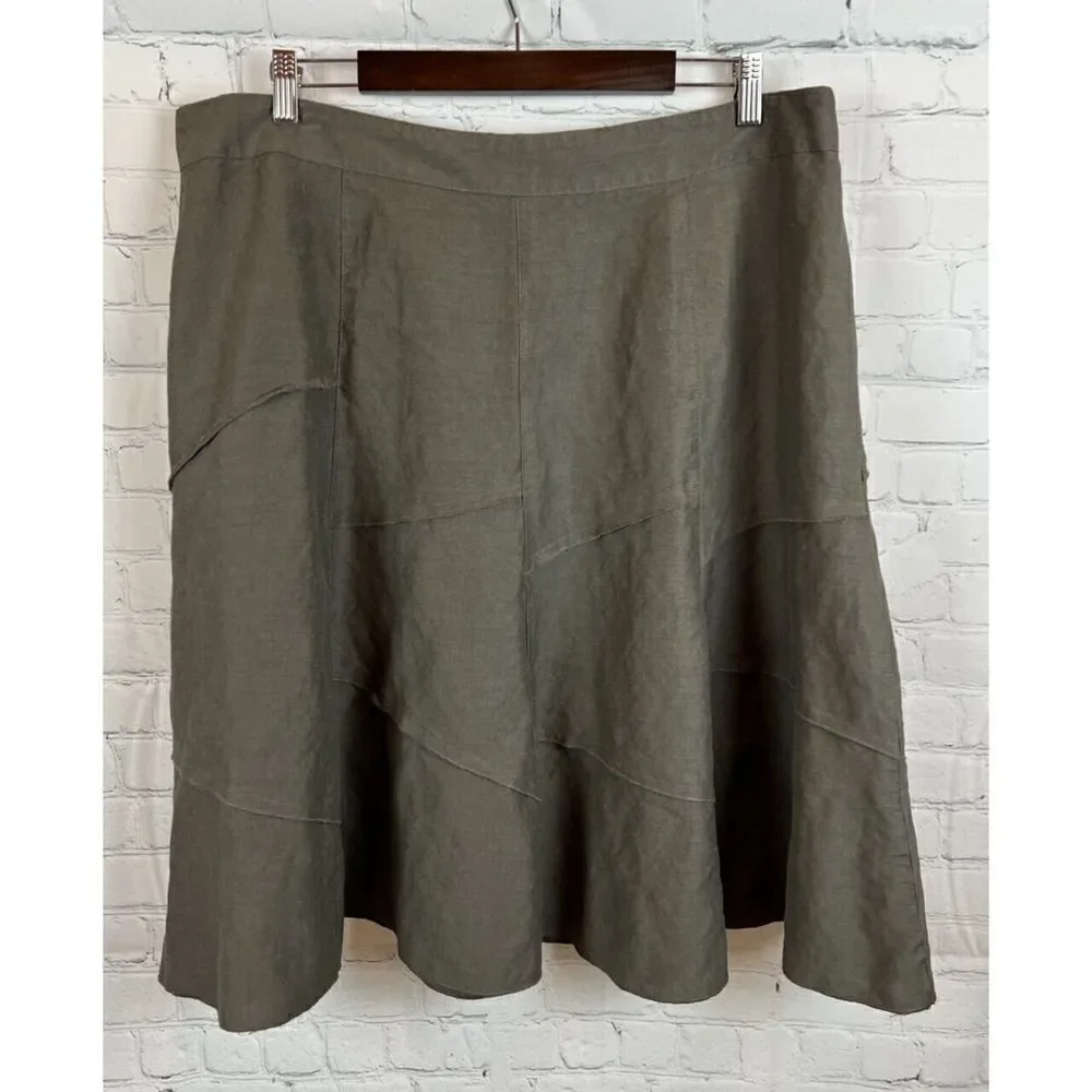 SANDRO green gray khaki linen rayon A-line frill skirt size 18W